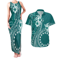 Kia Orana Cook Islands Couples Matching Tank Maxi Dress and Hawaiian Shirt Tiare and Stars - Teal