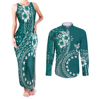 Kia Orana Cook Islands Couples Matching Tank Maxi Dress and Long Sleeve Button Shirt Tiare and Stars - Teal