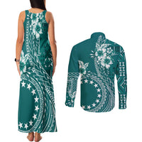 Kia Orana Cook Islands Couples Matching Tank Maxi Dress and Long Sleeve Button Shirt Tiare and Stars - Teal