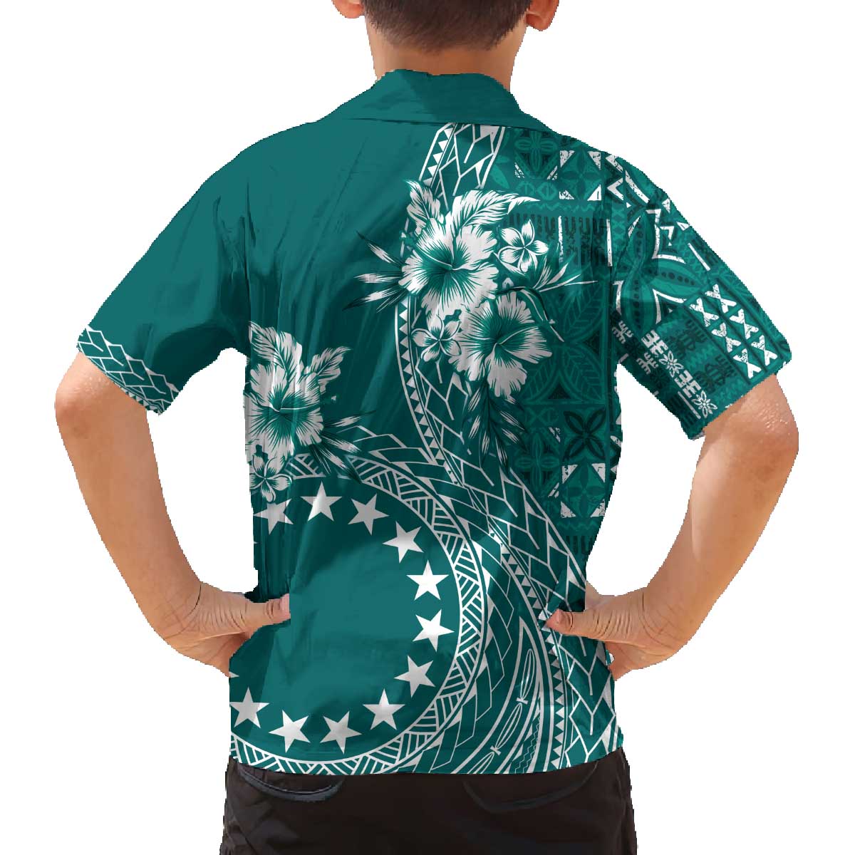 Kia Orana Cook Islands Family Matching Off Shoulder Short Dress and Hawaiian Shirt Tiare and Stars - Teal