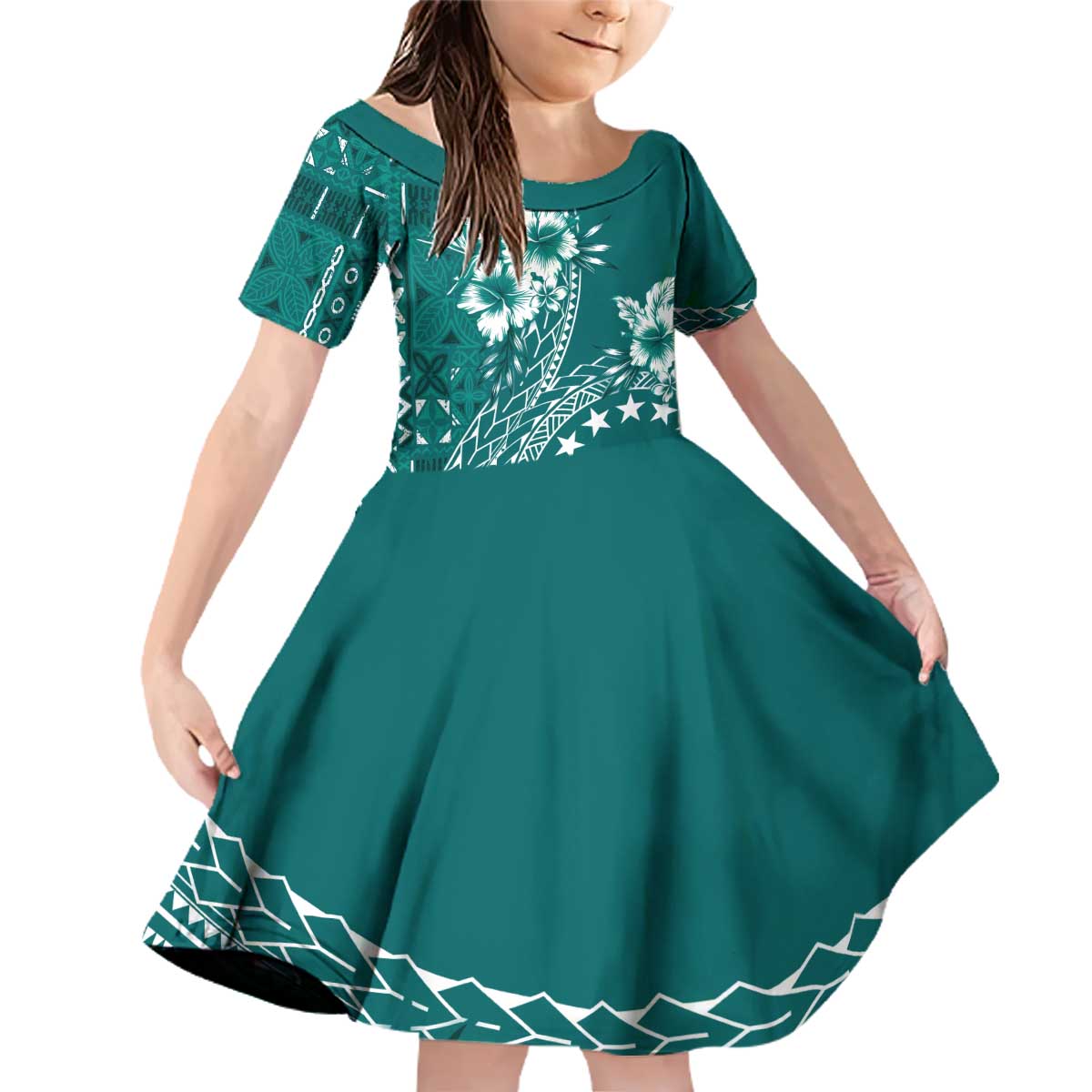 Kia Orana Cook Islands Family Matching Off Shoulder Short Dress and Hawaiian Shirt Tiare and Stars - Teal