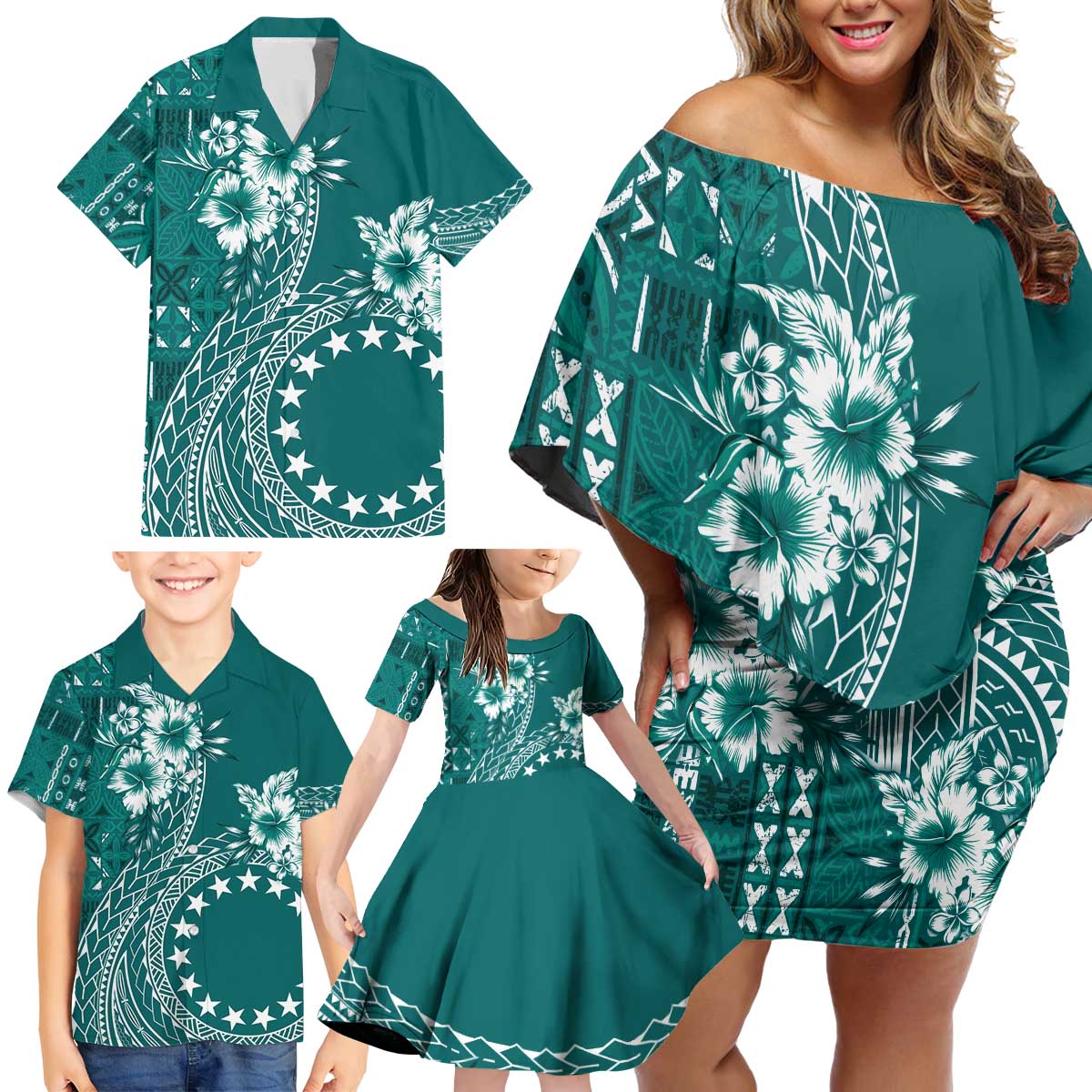 Kia Orana Cook Islands Family Matching Off Shoulder Short Dress and Hawaiian Shirt Tiare and Stars - Teal