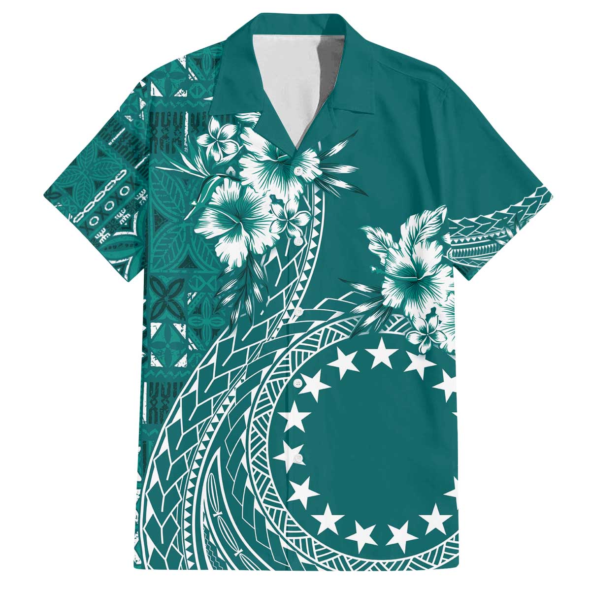 Kia Orana Cook Islands Family Matching Off Shoulder Short Dress and Hawaiian Shirt Tiare and Stars - Teal