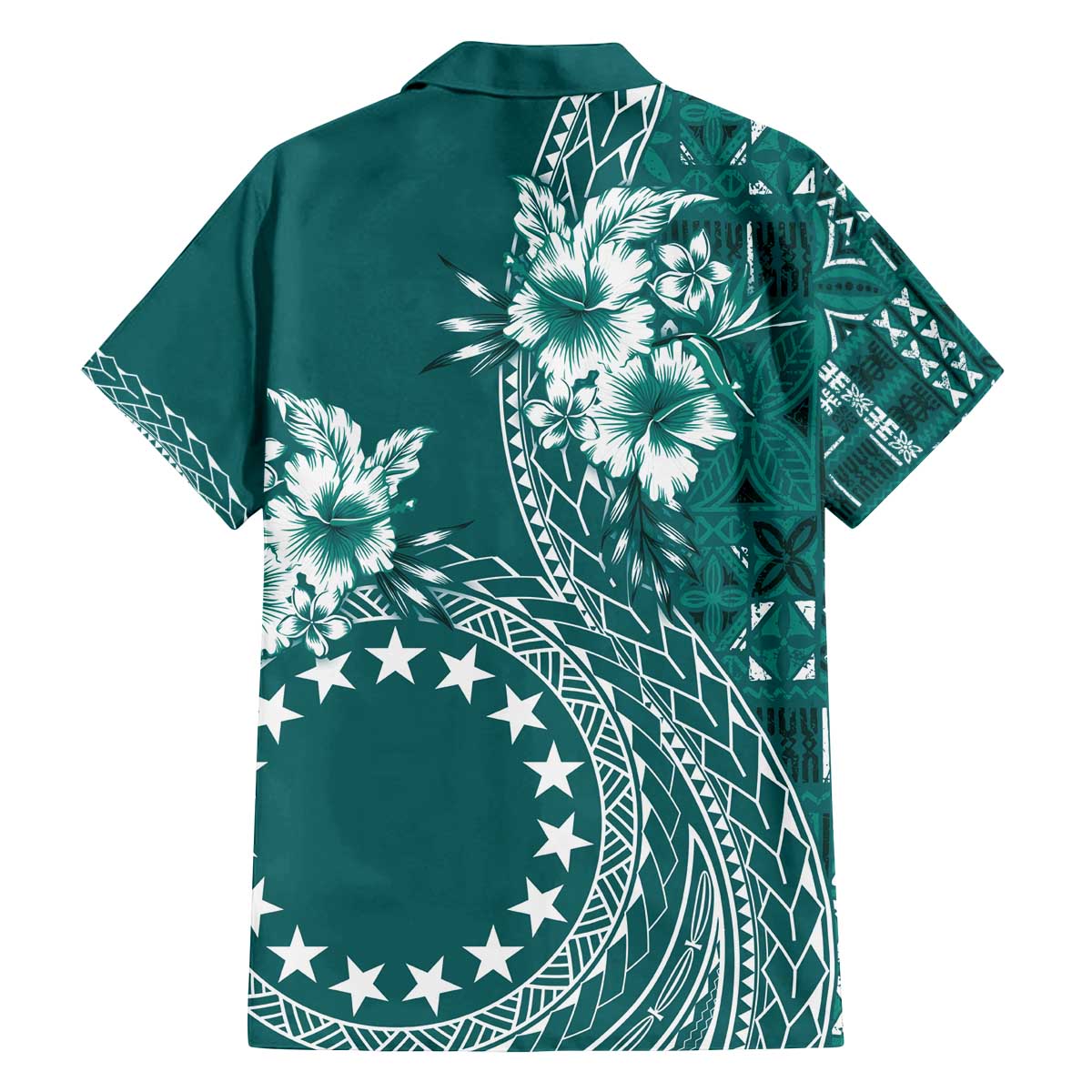 Kia Orana Cook Islands Family Matching Off Shoulder Short Dress and Hawaiian Shirt Tiare and Stars - Teal