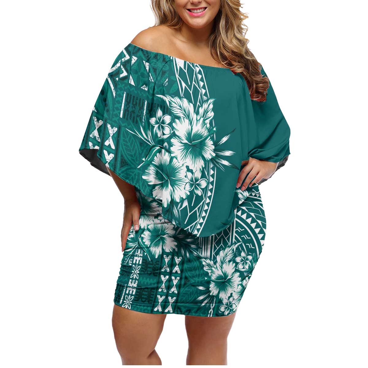 Kia Orana Cook Islands Family Matching Off Shoulder Short Dress and Hawaiian Shirt Tiare and Stars - Teal