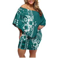 Kia Orana Cook Islands Family Matching Off Shoulder Short Dress and Hawaiian Shirt Tiare and Stars - Teal