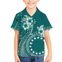 Kia Orana Cook Islands Family Matching Puletasi and Hawaiian Shirt Tiare and Stars - Teal LT7 Son's Shirt Teal - Polynesian Pride
