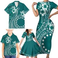 Kia Orana Cook Islands Family Matching Short Sleeve Bodycon Dress and Hawaiian Shirt Tiare and Stars - Teal