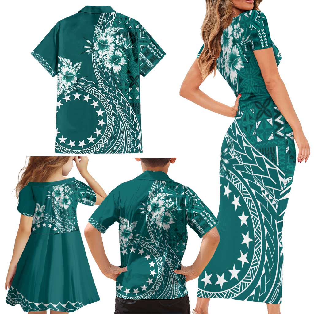 Kia Orana Cook Islands Family Matching Short Sleeve Bodycon Dress and Hawaiian Shirt Tiare and Stars - Teal