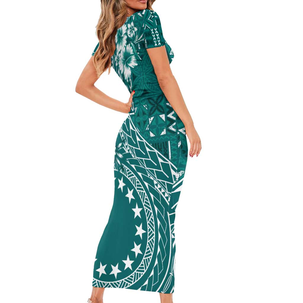 Kia Orana Cook Islands Family Matching Short Sleeve Bodycon Dress and Hawaiian Shirt Tiare and Stars - Teal