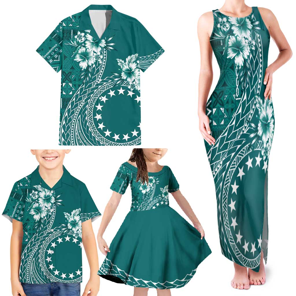 Kia Orana Cook Islands Family Matching Tank Maxi Dress and Hawaiian Shirt Tiare and Stars - Teal