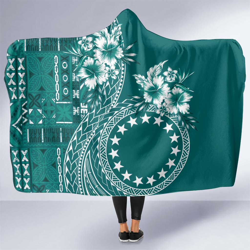 Kia Orana Cook Islands Hooded Blanket Tiare and Stars - Teal