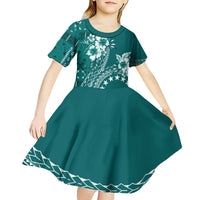 Kia Orana Cook Islands Kid Short Sleeve Dress Tiare and Stars - Teal