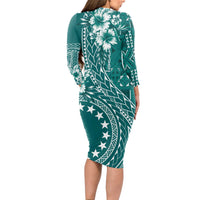 Kia Orana Cook Islands Long Sleeve Bodycon Dress Tiare and Stars - Teal