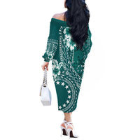 Kia Orana Cook Islands Off The Shoulder Long Sleeve Dress Tiare and Stars - Teal LT7 - Polynesian Pride