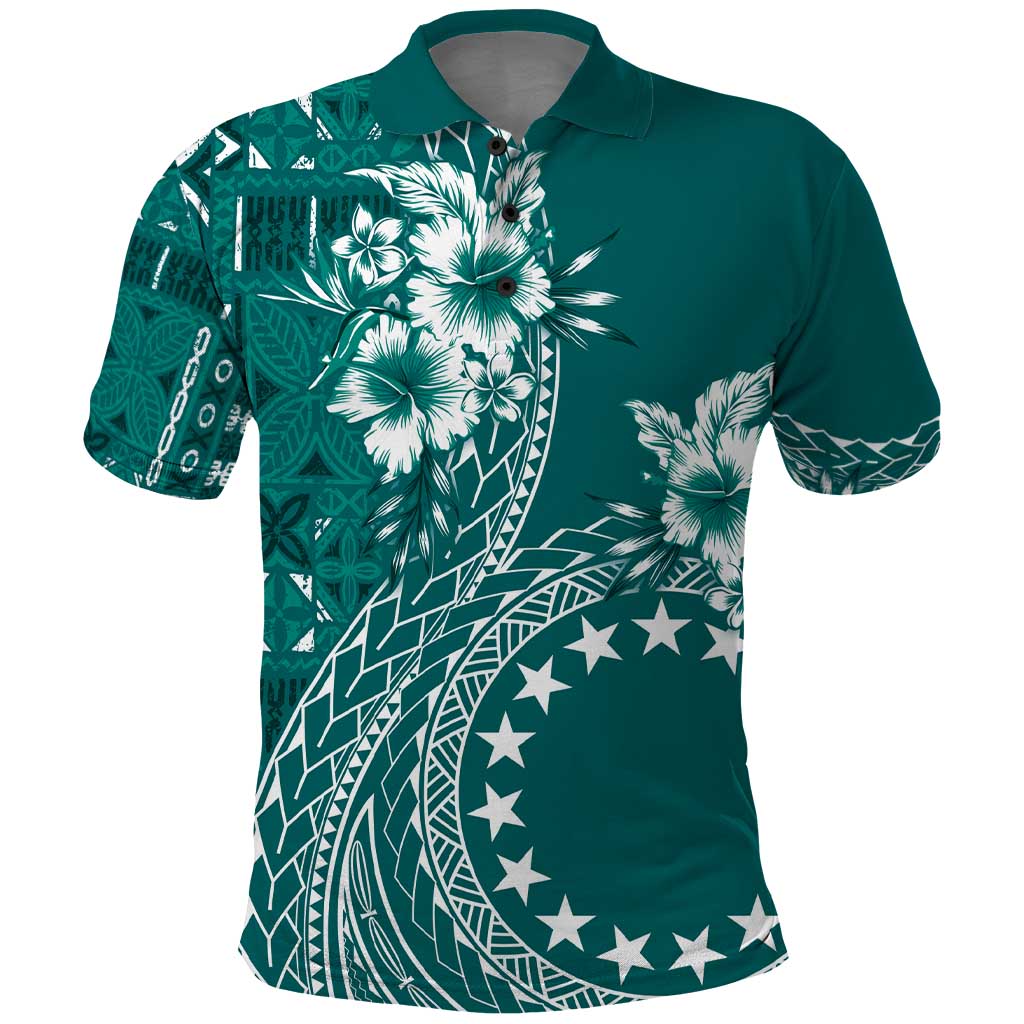 Kia Orana Cook Islands Polo Shirt Tiare and Stars - Teal LT7 Teal - Polynesian Pride