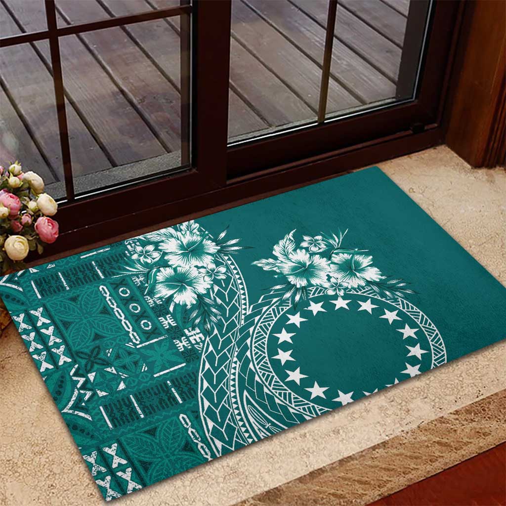 Kia Orana Cook Islands Rubber Doormat Tiare and Stars - Teal