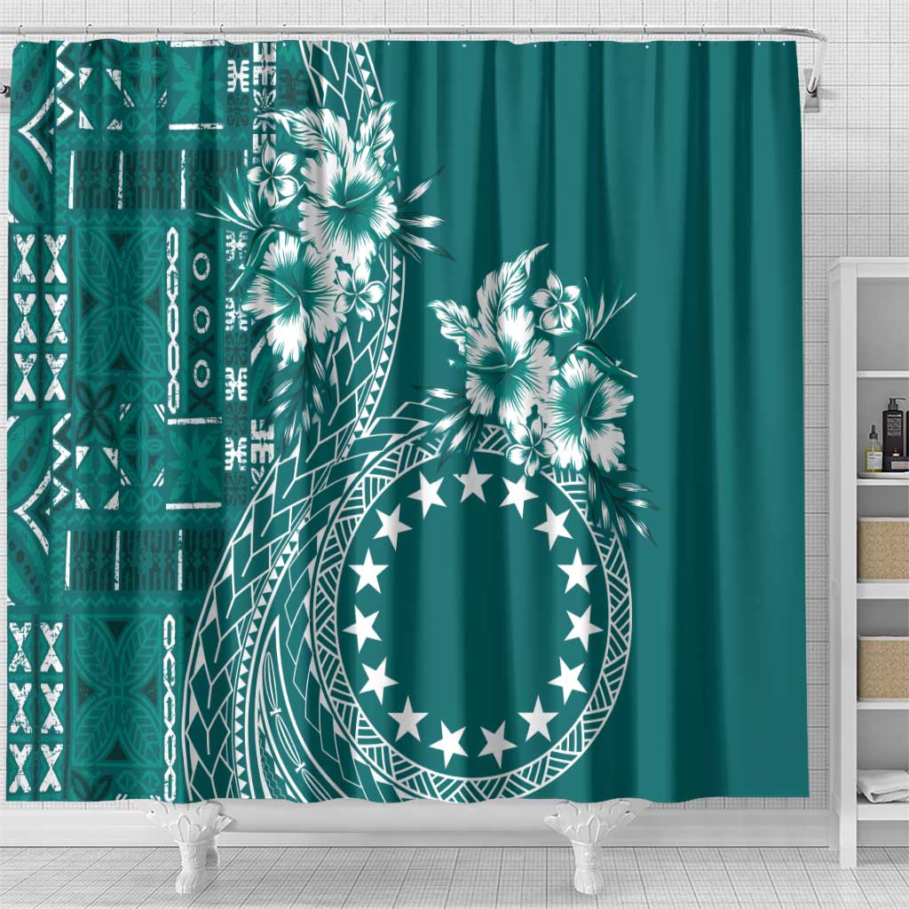 Kia Orana Cook Islands Shower Curtain Tiare and Stars - Teal
