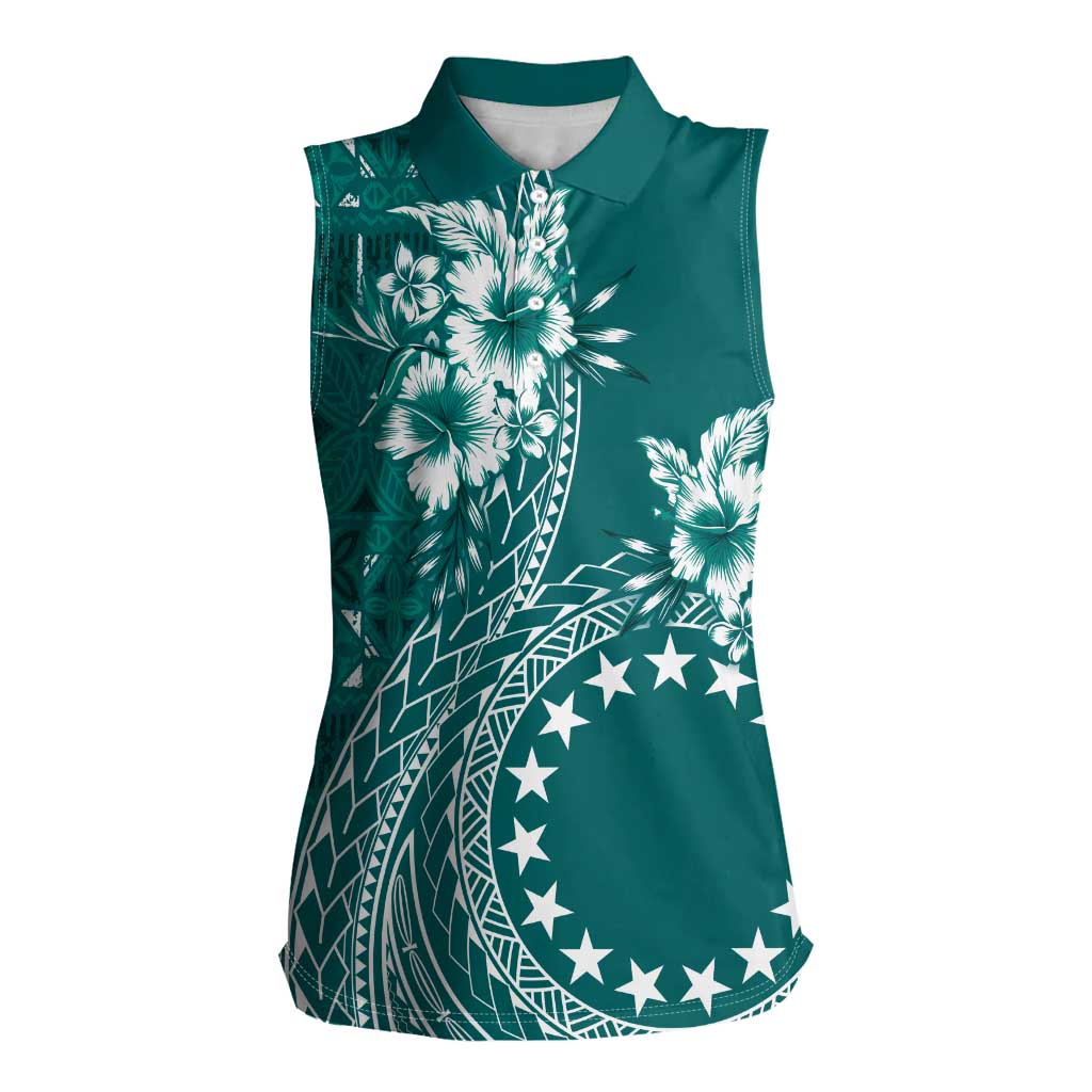 Kia Orana Cook Islands Women Sleeveless Polo Shirt Tiare and Stars - Teal