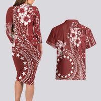 Kia Orana Cook Islands Couples Matching Long Sleeve Bodycon Dress and Hawaiian Shirt Tiare and Stars - Scarlet