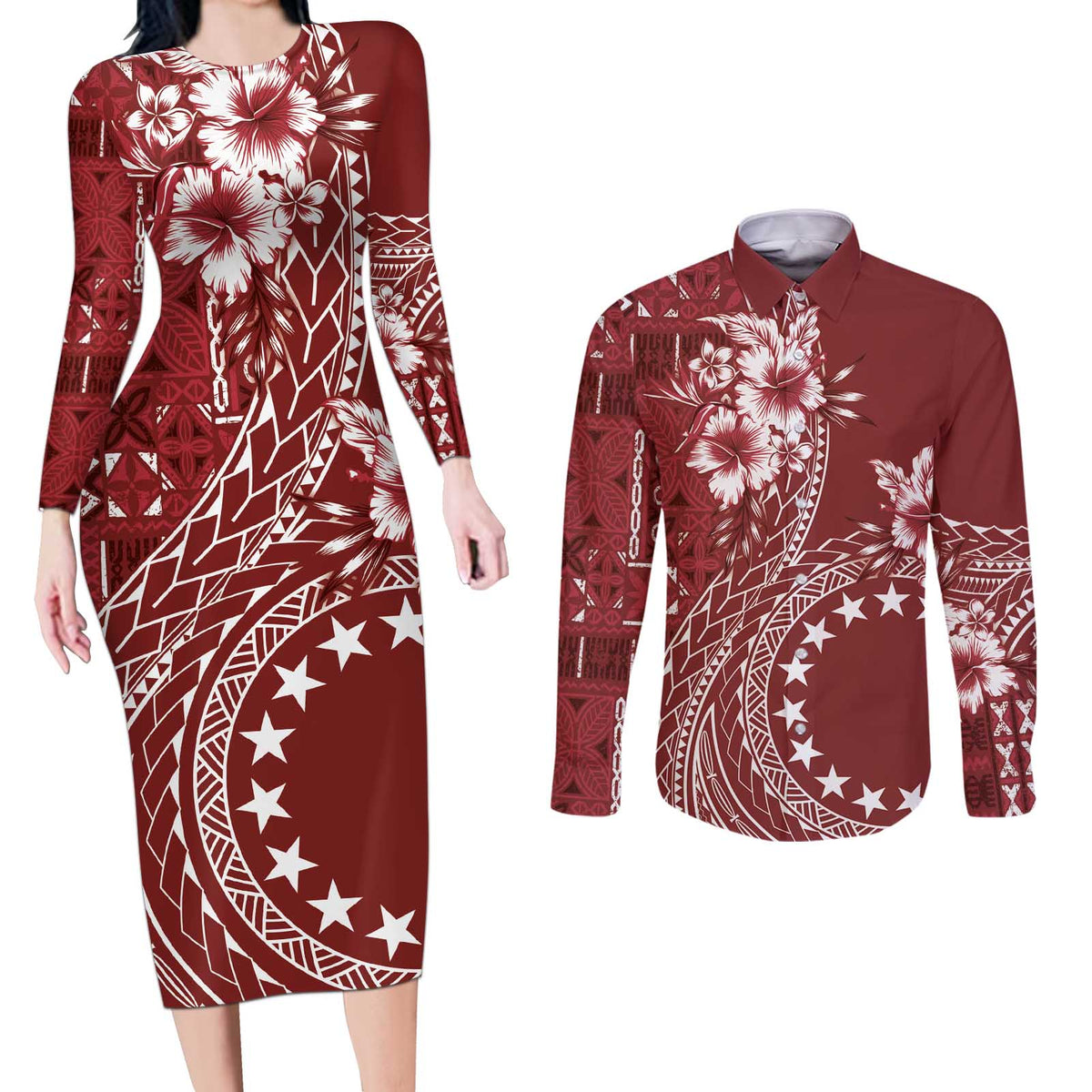 Kia Orana Cook Islands Couples Matching Long Sleeve Bodycon Dress and Long Sleeve Button Shirt Tiare and Stars - Scarlet