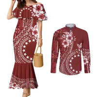 Kia Orana Cook Islands Couples Matching Mermaid Dress and Long Sleeve Button Shirt Tiare and Stars - Scarlet