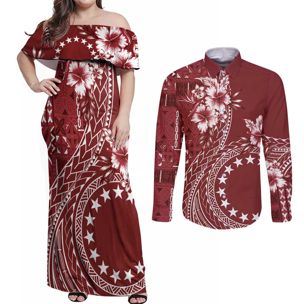 Kia Orana Cook Islands Couples Matching Off Shoulder Maxi Dress and Long Sleeve Button Shirt Tiare and Stars - Scarlet