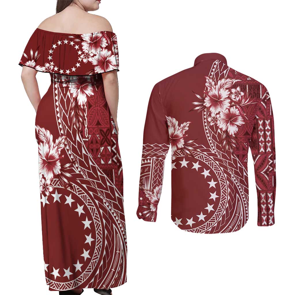 Kia Orana Cook Islands Couples Matching Off Shoulder Maxi Dress and Long Sleeve Button Shirt Tiare and Stars - Scarlet