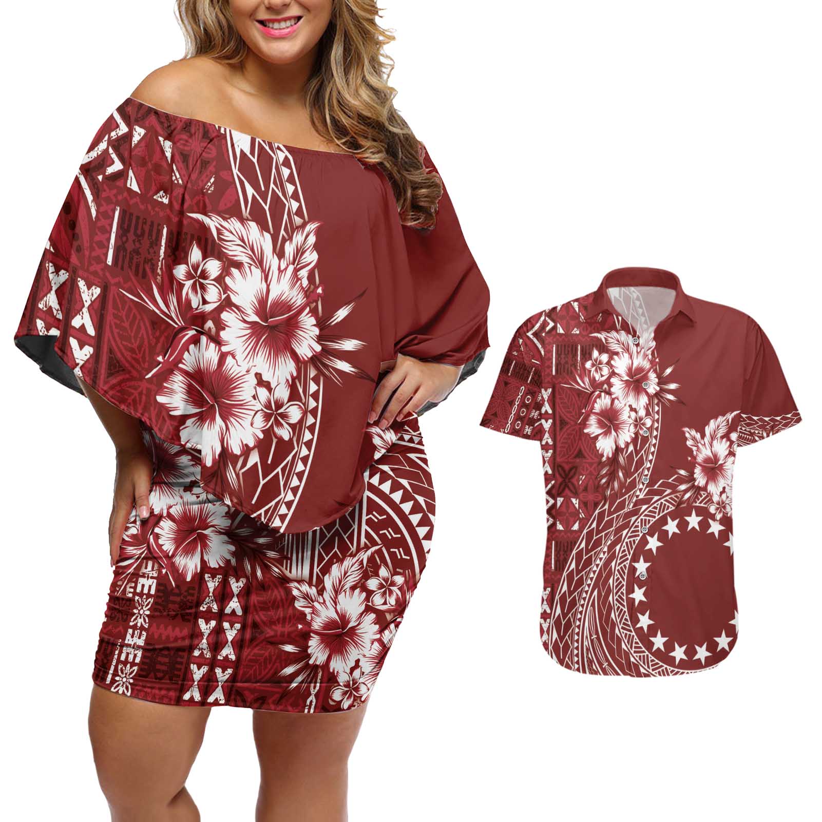 Kia Orana Cook Islands Couples Matching Off Shoulder Short Dress and Hawaiian Shirt Tiare and Stars - Scarlet