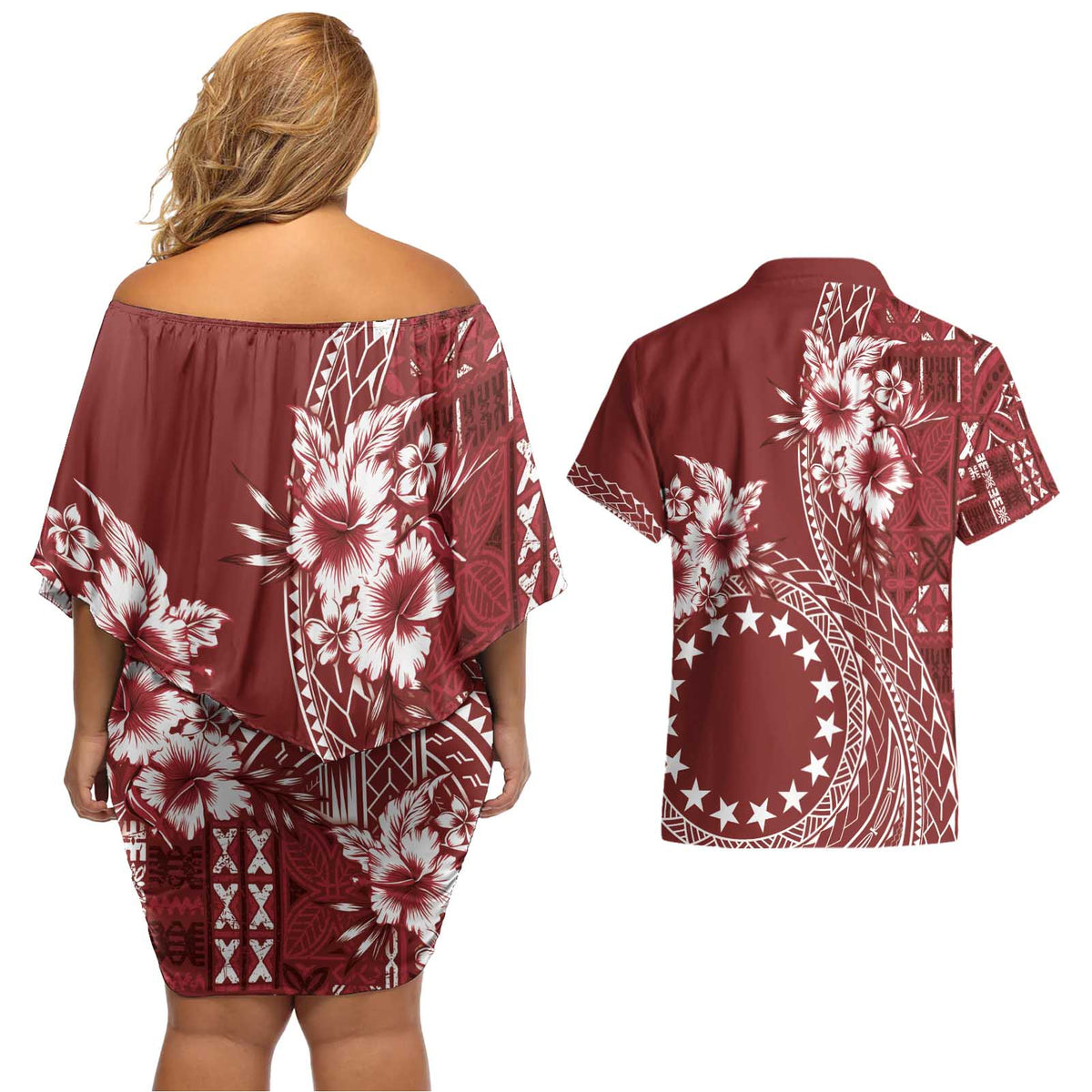 Kia Orana Cook Islands Couples Matching Off Shoulder Short Dress and Hawaiian Shirt Tiare and Stars - Scarlet