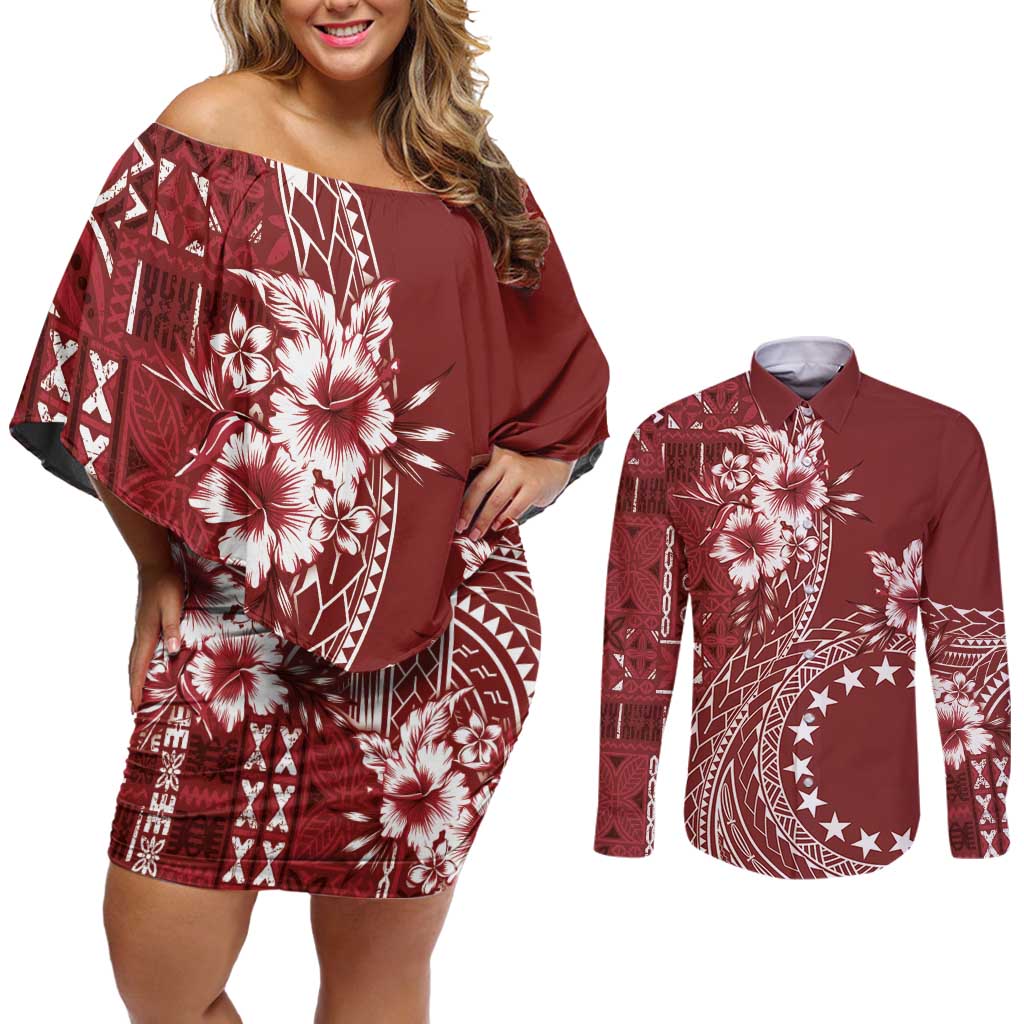 Kia Orana Cook Islands Couples Matching Off Shoulder Short Dress and Long Sleeve Button Shirt Tiare and Stars - Scarlet