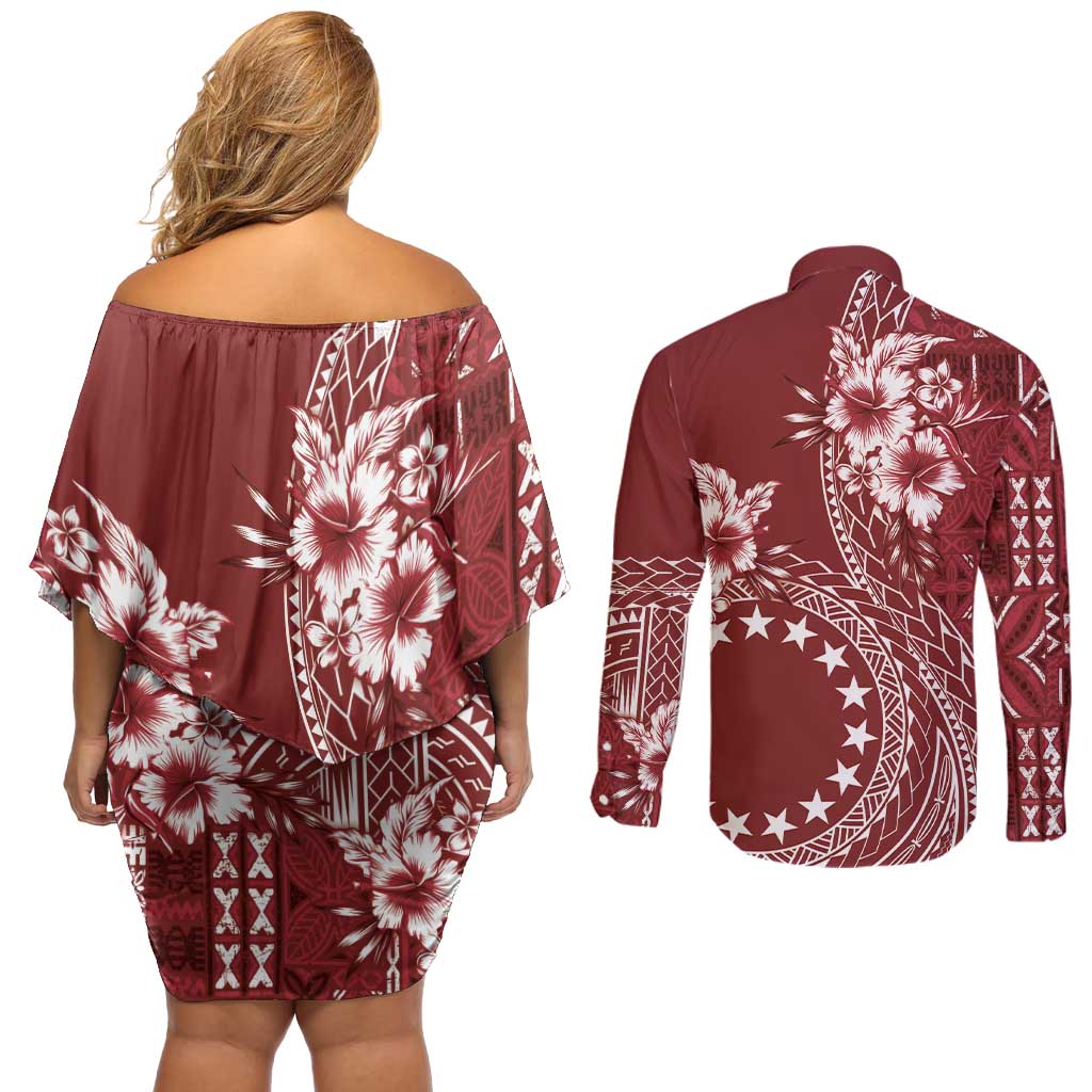 Kia Orana Cook Islands Couples Matching Off Shoulder Short Dress and Long Sleeve Button Shirt Tiare and Stars - Scarlet