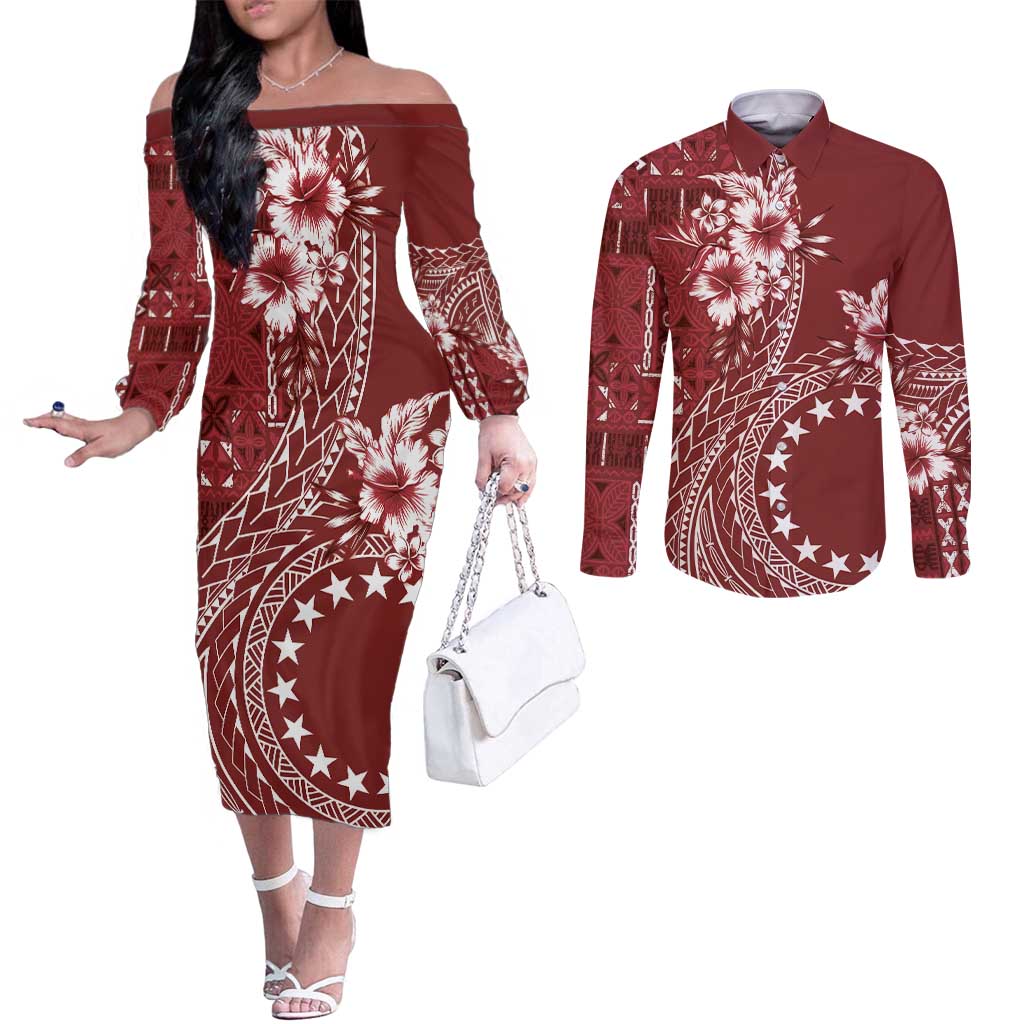 Kia Orana Cook Islands Couples Matching Off The Shoulder Long Sleeve Dress and Long Sleeve Button Shirt Tiare and Stars - Scarlet