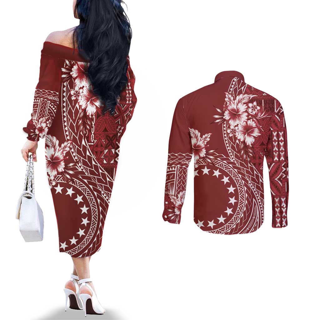 Kia Orana Cook Islands Couples Matching Off The Shoulder Long Sleeve Dress and Long Sleeve Button Shirt Tiare and Stars - Scarlet