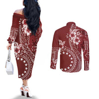 Kia Orana Cook Islands Couples Matching Off The Shoulder Long Sleeve Dress and Long Sleeve Button Shirt Tiare and Stars - Scarlet