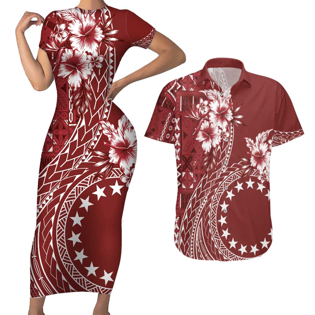 Kia Orana Cook Islands Couples Matching Short Sleeve Bodycon Dress and Hawaiian Shirt Tiare and Stars - Scarlet