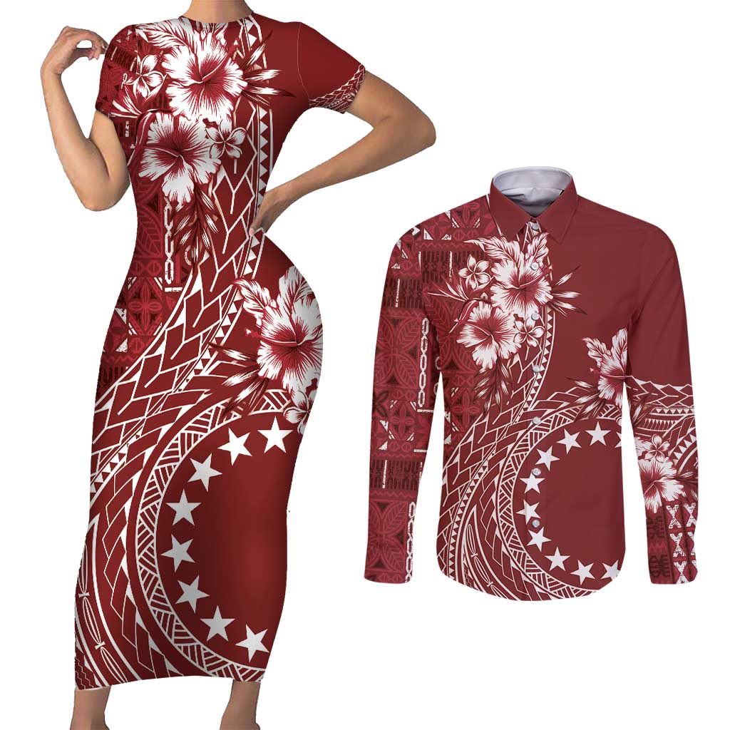 Kia Orana Cook Islands Couples Matching Short Sleeve Bodycon Dress and Long Sleeve Button Shirt Tiare and Stars - Scarlet