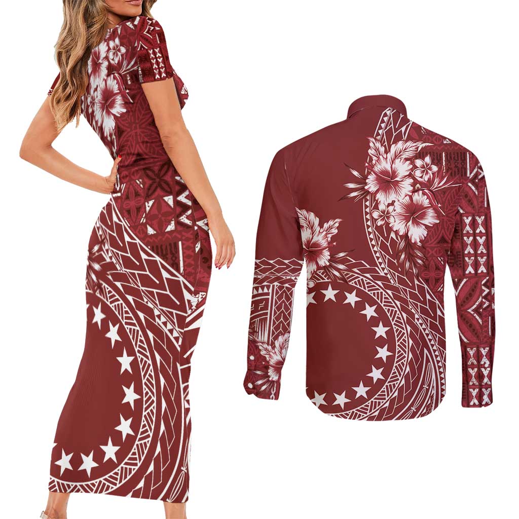 Kia Orana Cook Islands Couples Matching Short Sleeve Bodycon Dress and Long Sleeve Button Shirt Tiare and Stars - Scarlet
