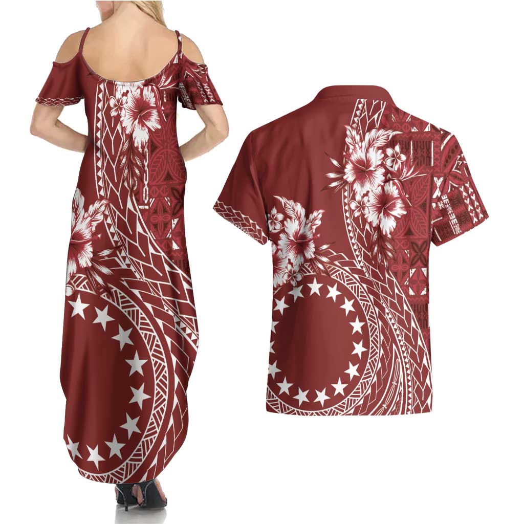 Kia Orana Cook Islands Couples Matching Summer Maxi Dress and Hawaiian Shirt Tiare and Stars - Scarlet