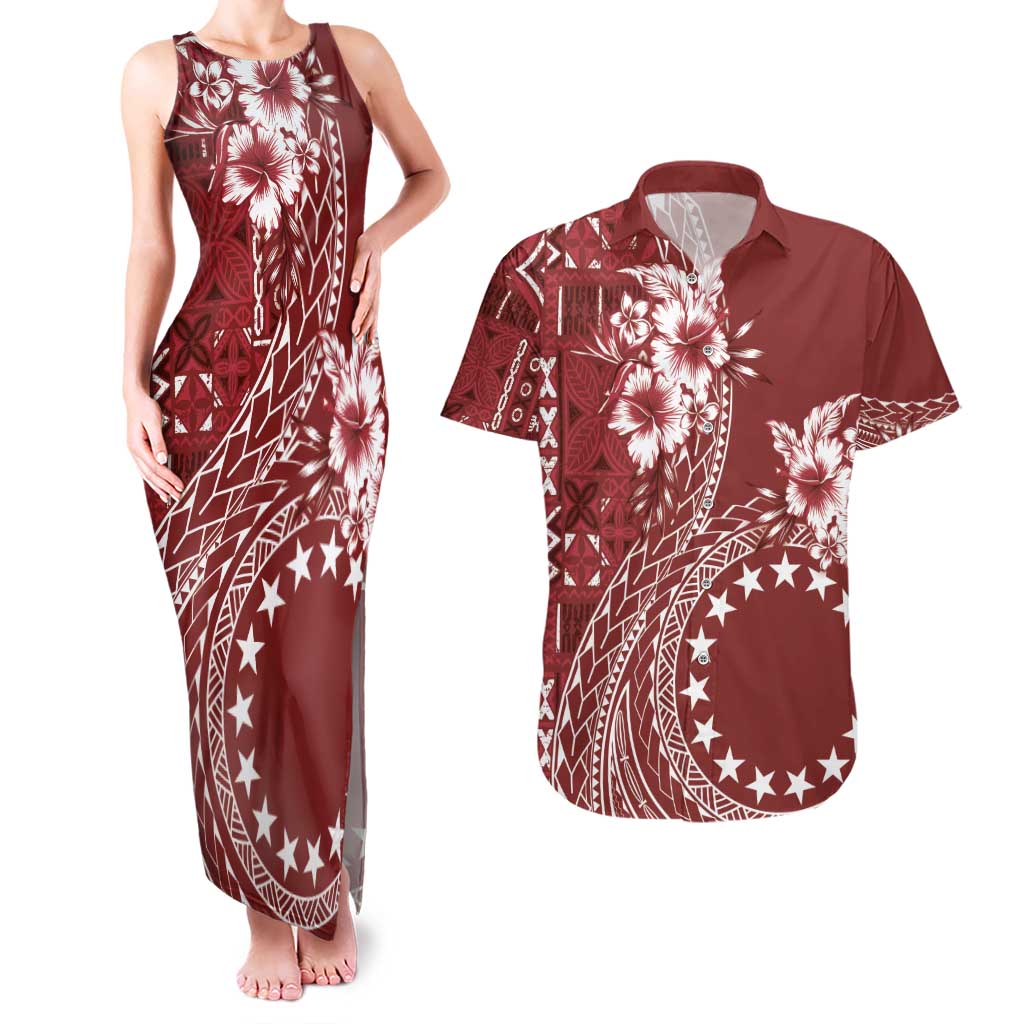 Kia Orana Cook Islands Couples Matching Tank Maxi Dress and Hawaiian Shirt Tiare and Stars - Scarlet