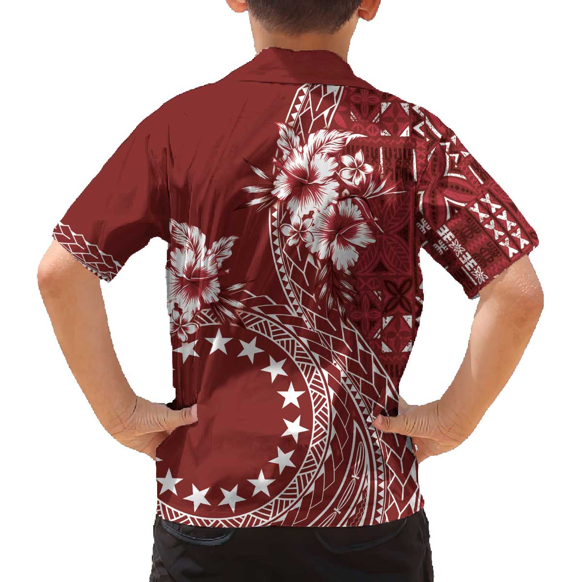 Kia Orana Cook Islands Family Matching Puletasi and Hawaiian Shirt Tiare and Stars - Scarlet LT7 - Polynesian Pride