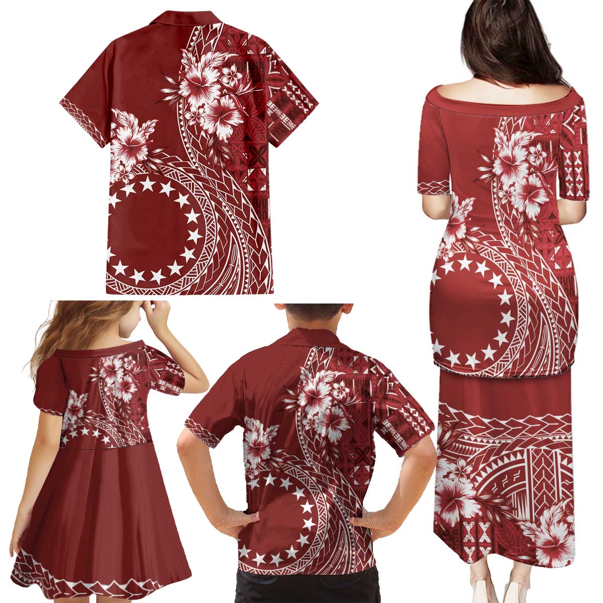 Kia Orana Cook Islands Family Matching Puletasi and Hawaiian Shirt Tiare and Stars - Scarlet LT7 - Polynesian Pride