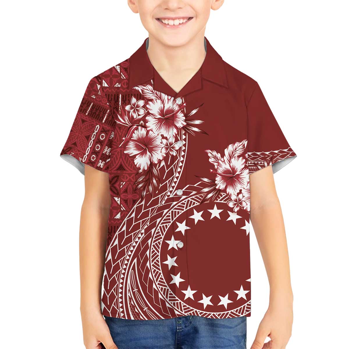 Kia Orana Cook Islands Family Matching Puletasi and Hawaiian Shirt Tiare and Stars - Scarlet LT7 Son's Shirt Red - Polynesian Pride