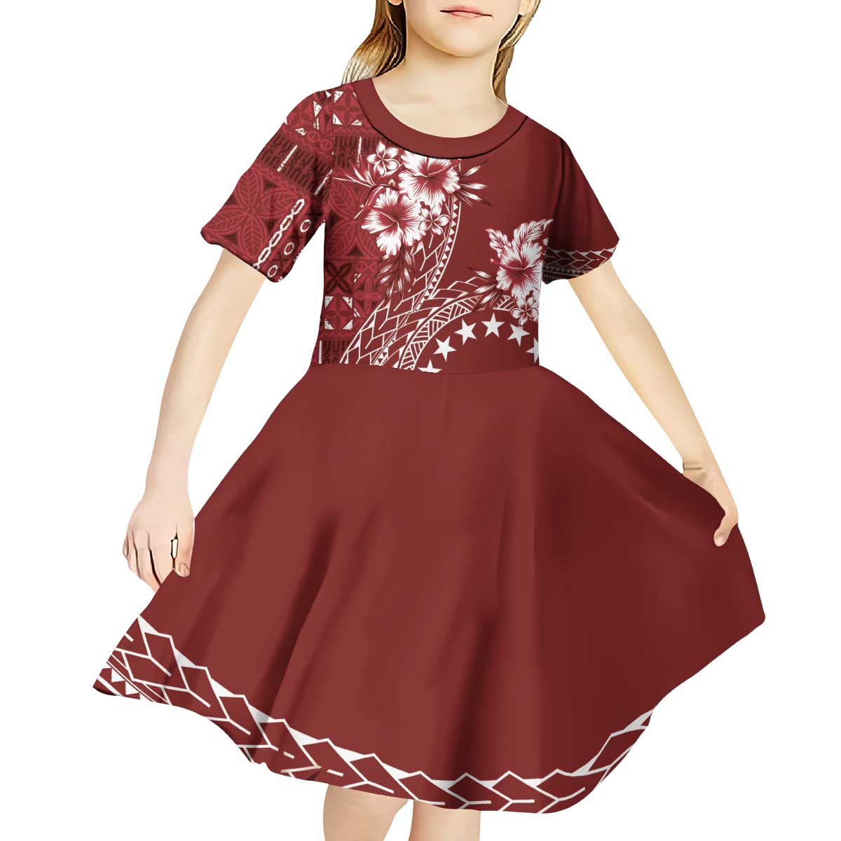 Kia Orana Cook Islands Kid Short Sleeve Dress Tiare and Stars - Scarlet