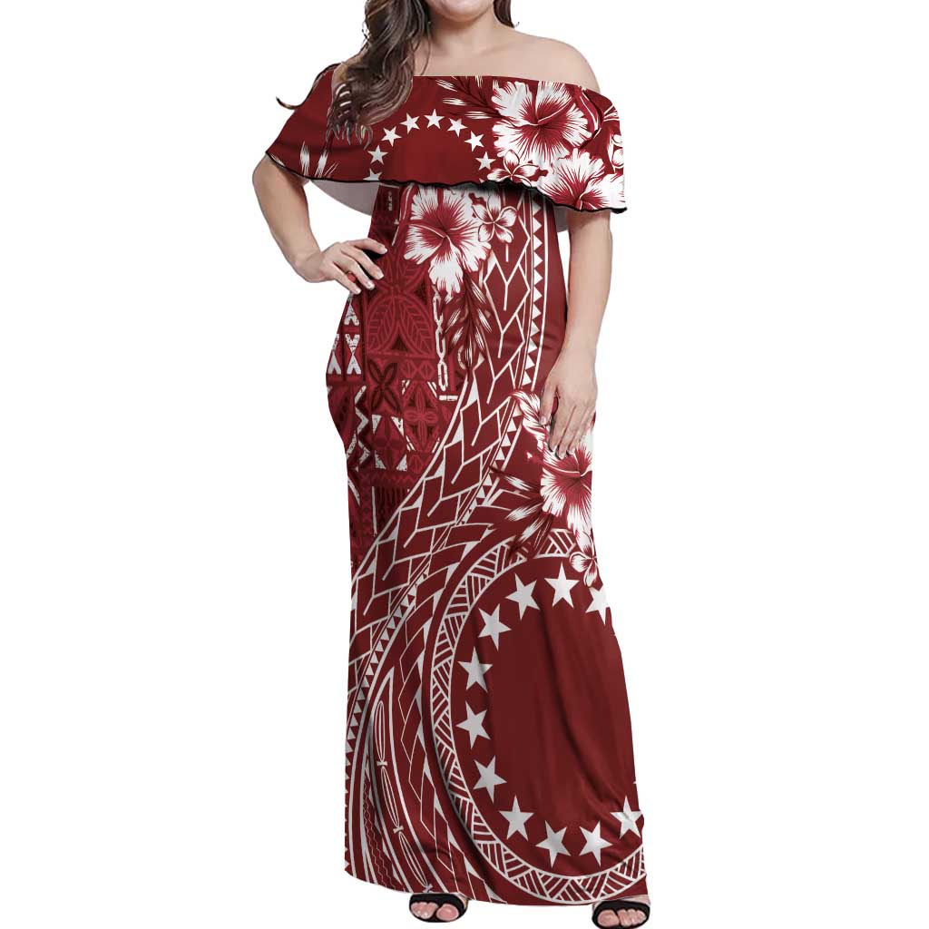 Kia Orana Cook Islands Off Shoulder Maxi Dress Tiare and Stars - Scarlet