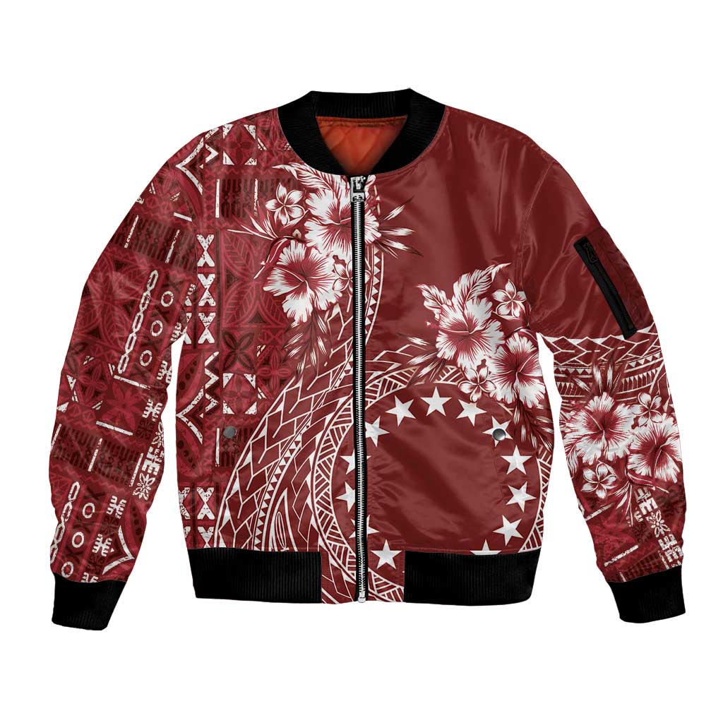 Kia Orana Cook Islands Sleeve Zip Bomber Jacket Tiare and Stars - Scarlet