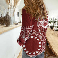 Kia Orana Cook Islands Women Casual Shirt Tiare and Stars - Scarlet LT7 - Polynesian Pride