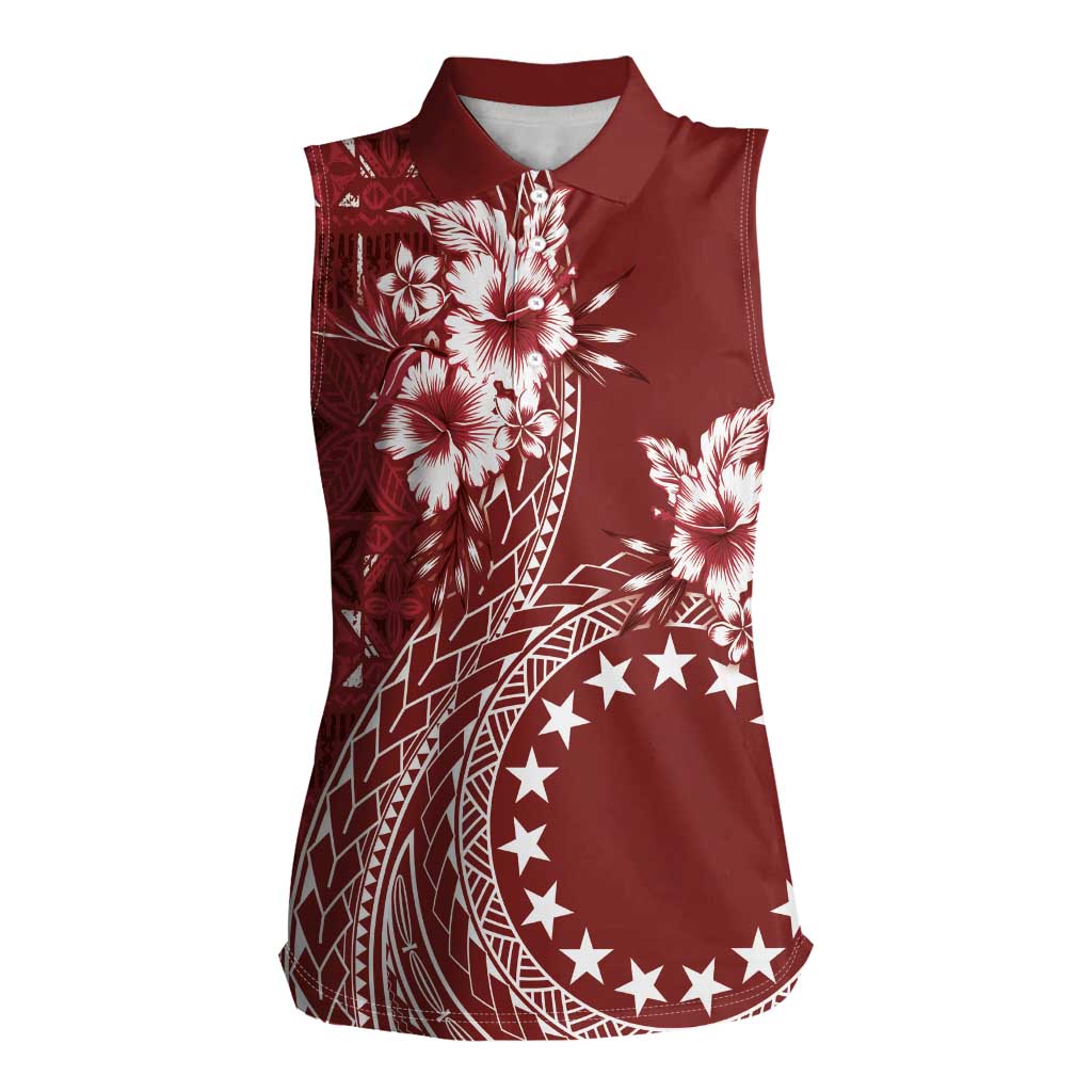 Kia Orana Cook Islands Women Sleeveless Polo Shirt Tiare and Stars - Scarlet