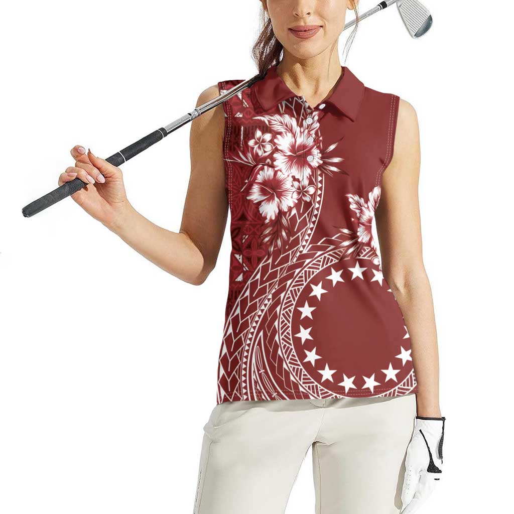 Kia Orana Cook Islands Women Sleeveless Polo Shirt Tiare and Stars - Scarlet