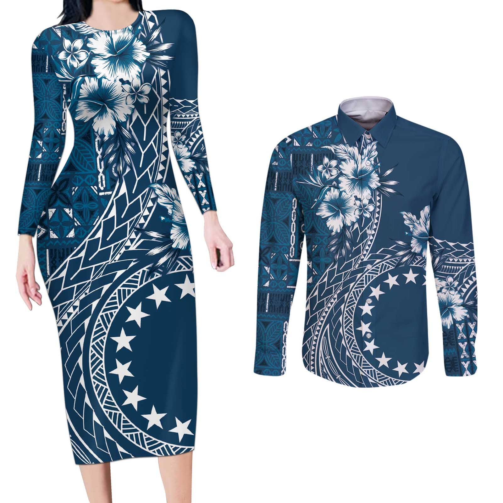 Kia Orana Cook Islands Couples Matching Long Sleeve Bodycon Dress and Long Sleeve Button Shirt Tiare and Stars - Navy Blue